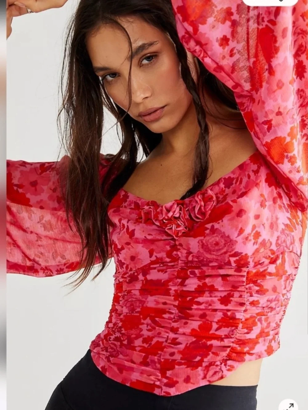 Free People Pink and Red Floral Ruched Long-Sleeve Top Cottagecore Boho Fairy, S